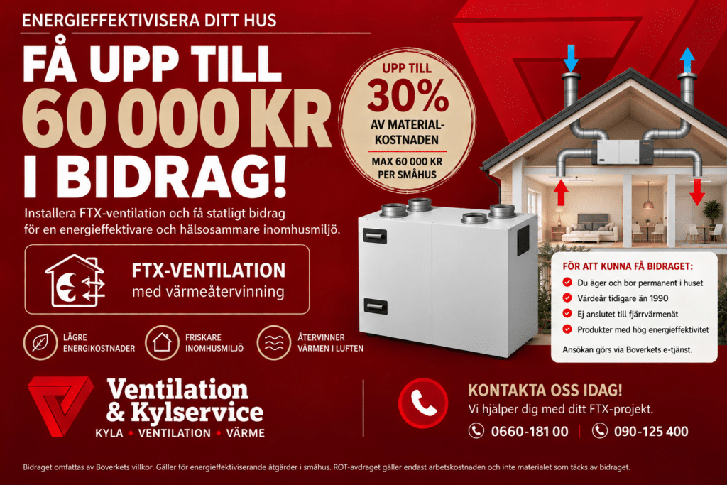 Installera FTX-ventilation och få statligt bidrag för en energieffektivare och hälsosammare inomhusmiljö.